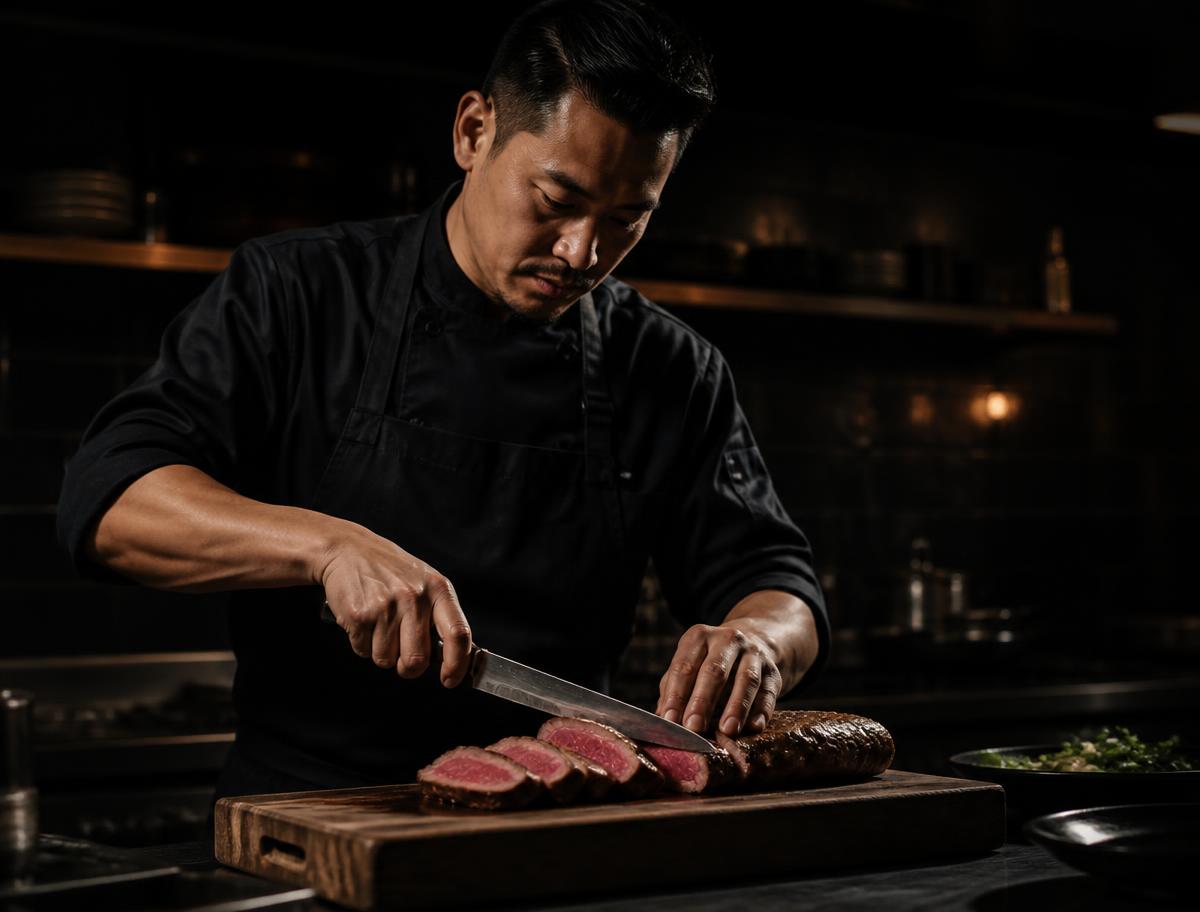 Chef slicing premium beef in a dark restaurant kitchen